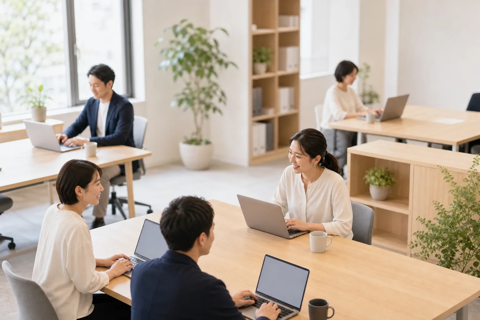明るく整理されたオフィスで余裕を持って働くチーム