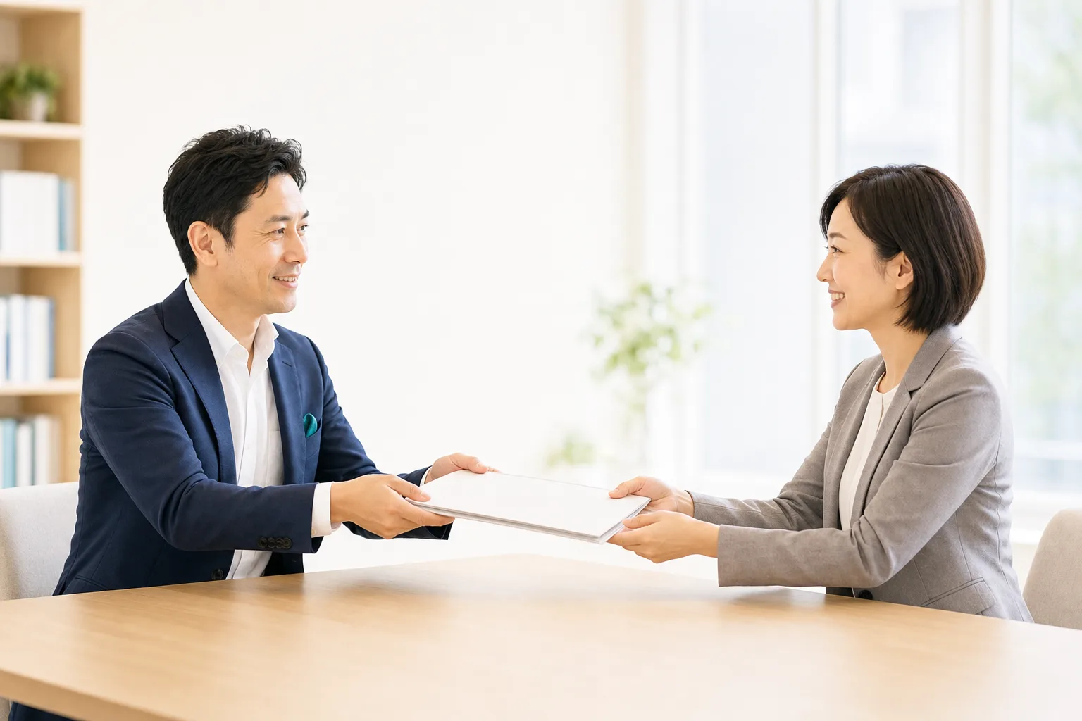 会議テーブル越しに書類を手渡すビジネスパーソン