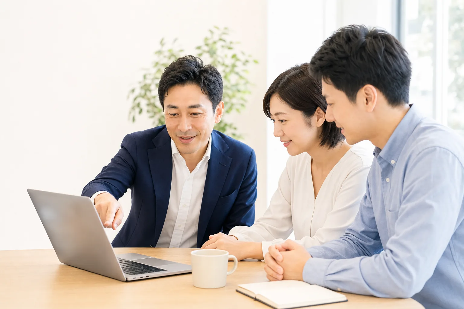 会議室でノートPCの画面を見ながら社員にレクチャーする講師