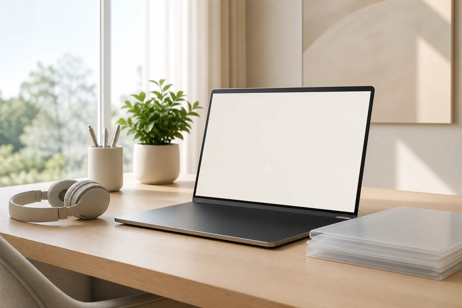 オンライン対応の保険代理店のデスク。ノートPCとヘッドセット、書類ファイル
