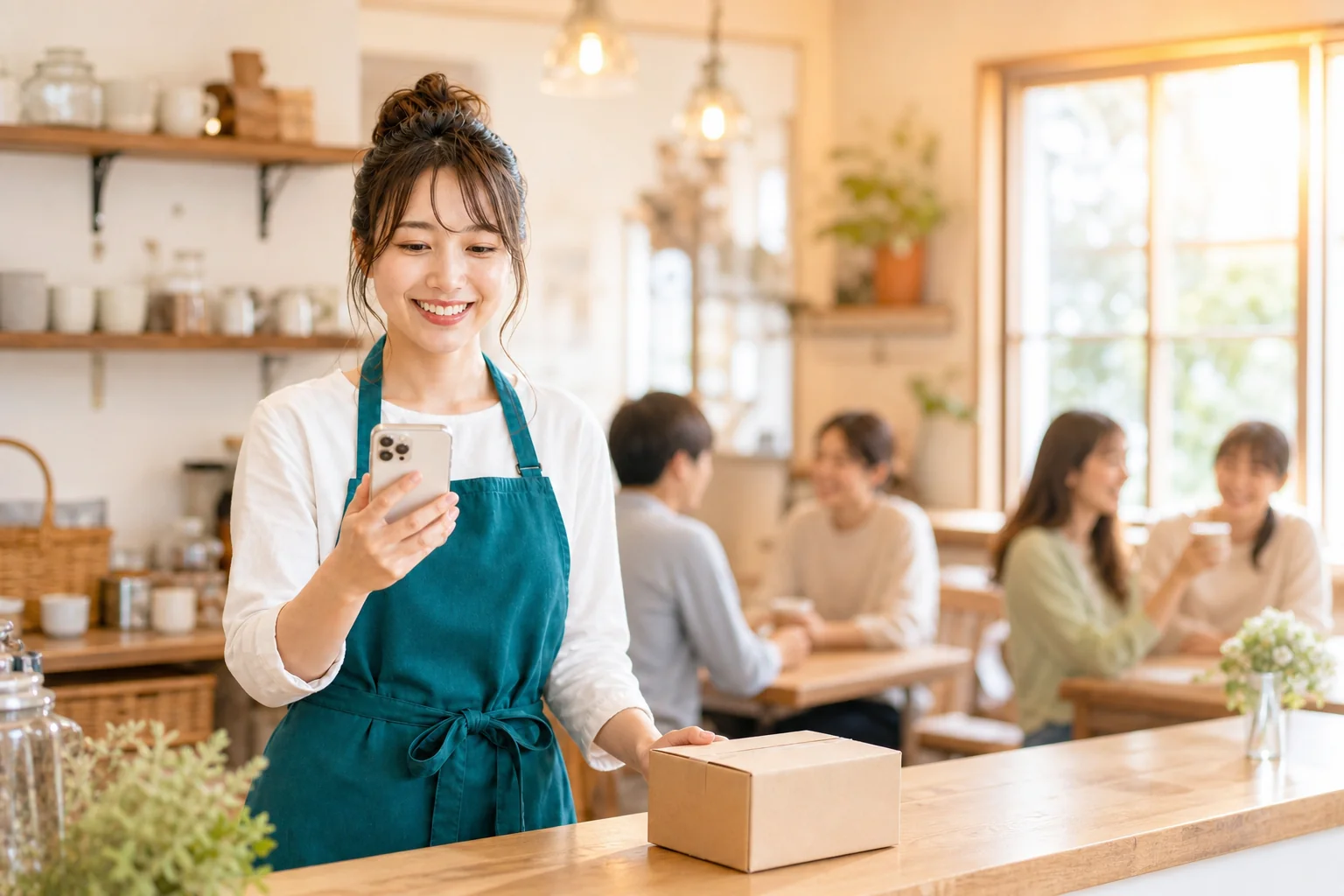 賑わう店内で、スマートフォンの通知を見て微笑む店主