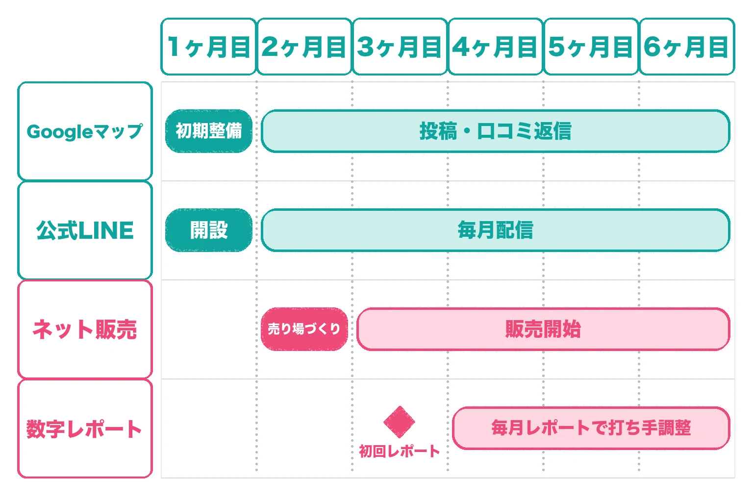 180日間のロードマップ。Googleマップ：1ヶ月目に初期整備、2〜6ヶ月目は投稿・口コミ返信。公式LINE：1ヶ月目に開設、2〜6ヶ月目は毎月配信。ネット販売：2ヶ月目に売り場づくり、3ヶ月目から販売開始。数字レポート：3ヶ月目に初回レポート、4ヶ月目以降は毎月レポートで打ち手調整。