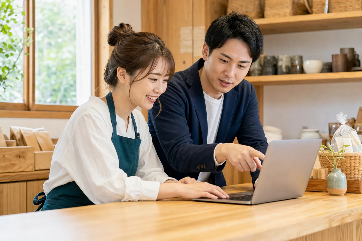 店主と並んでノートパソコンの画面を見ながら販促を相談するミセノバのメンバー