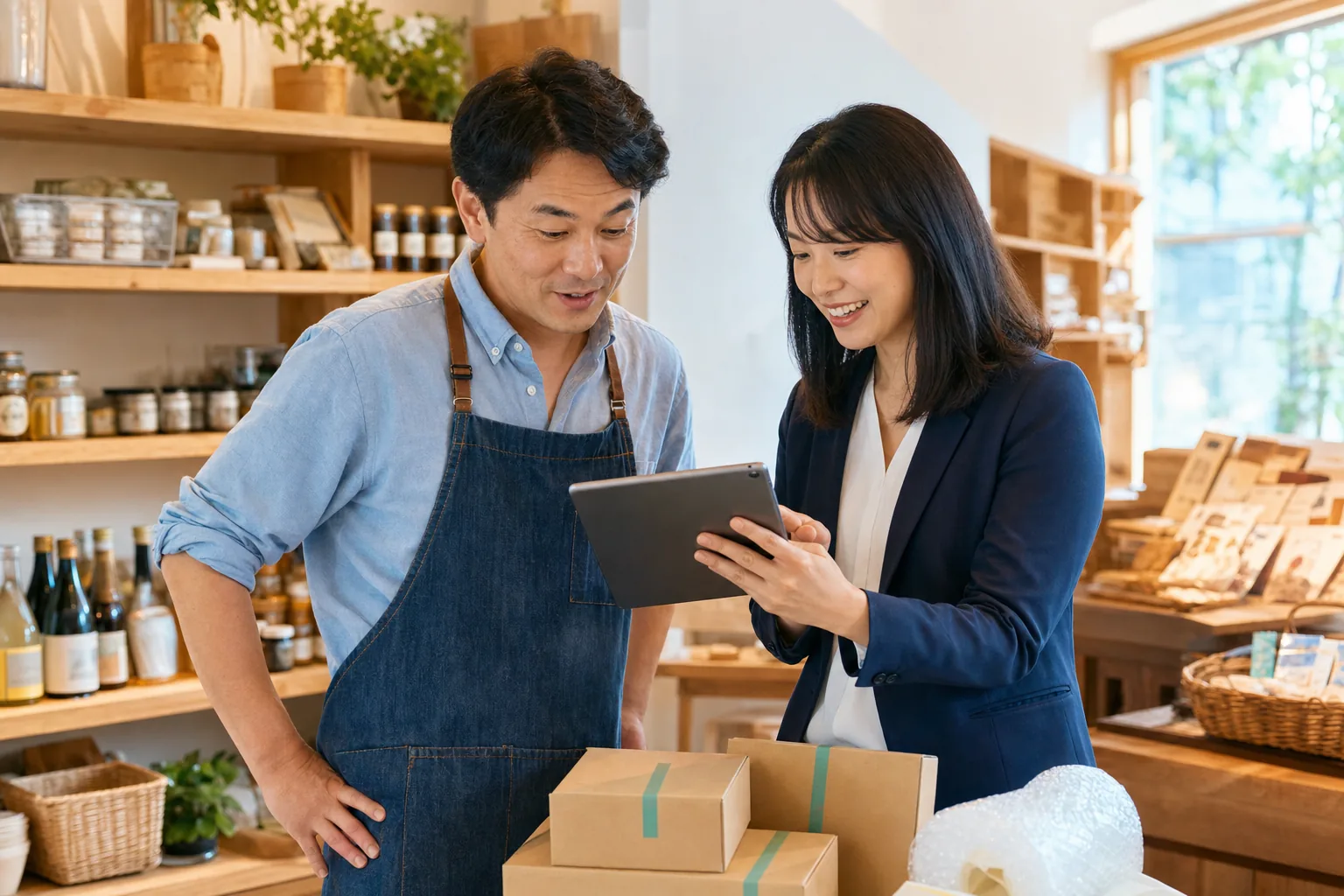 男性店主と一緒にタブレットのネットショップ画面を確認するミセノバの女性メンバー