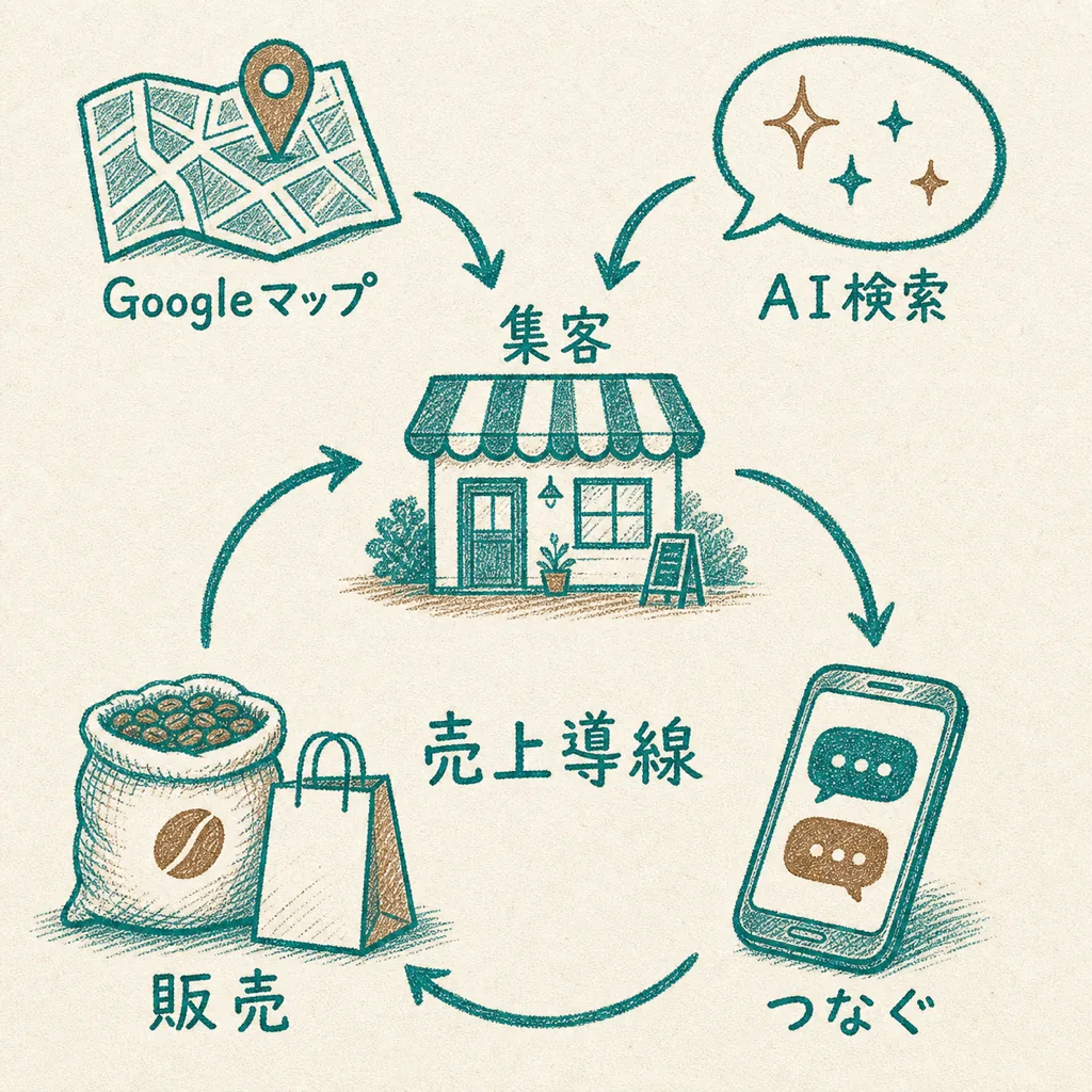 GoogleマップとAI検索から集客し循環する売上導線の手描きイラスト図