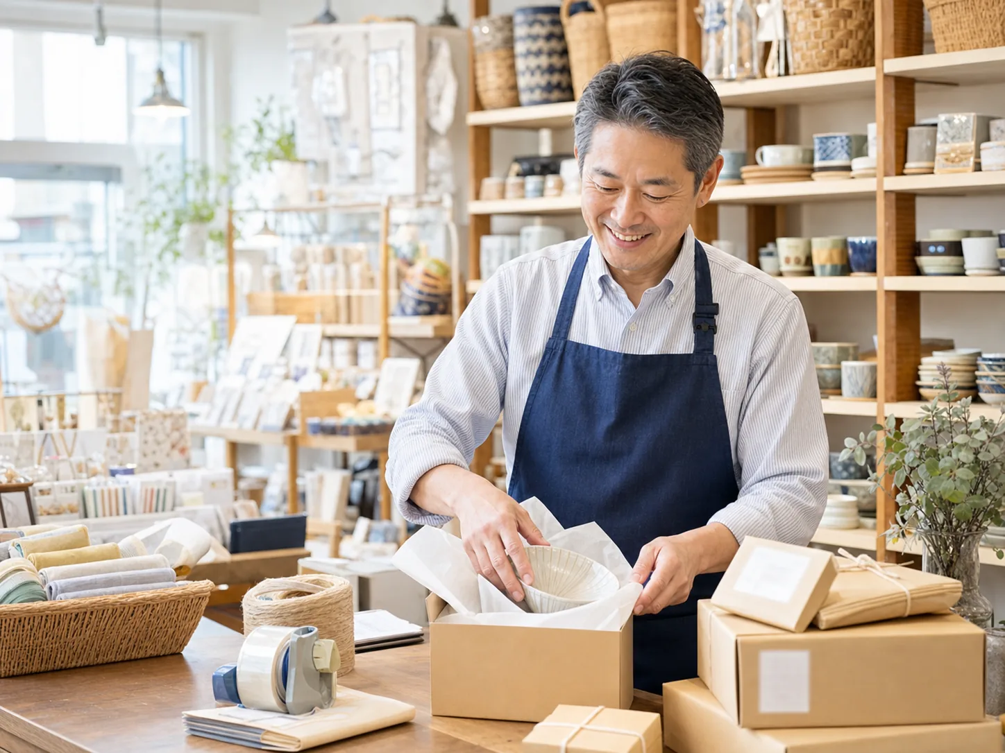 ネット注文を嬉しそうに梱包する店主