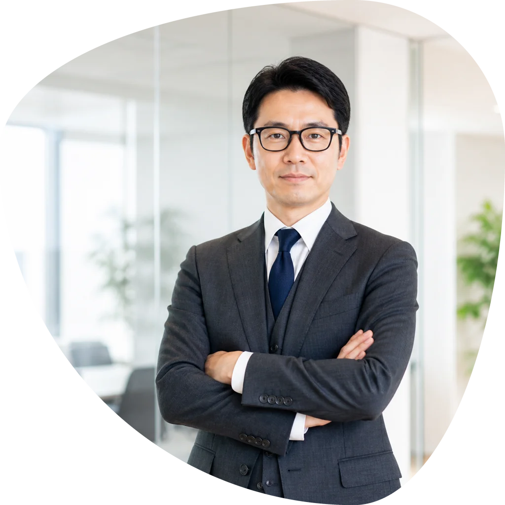 腕を組んで立つ、眼鏡をかけたセキュリティコンサルタント