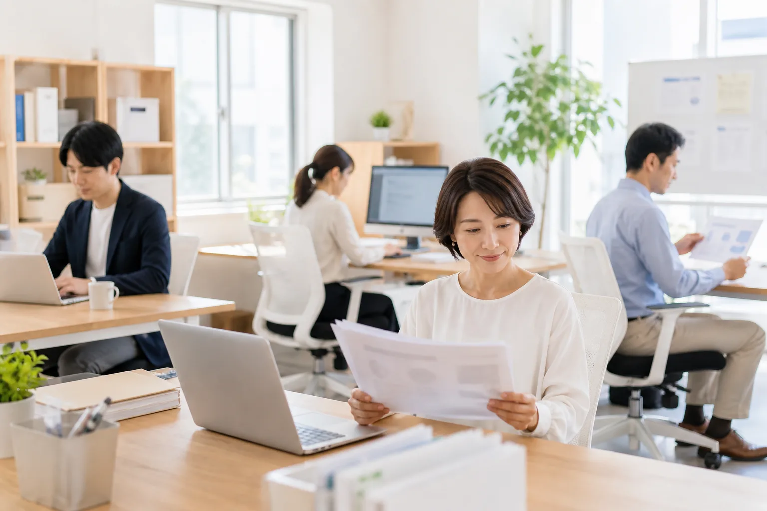 明るいオフィスで、届いた質問票を前に落ち着いて仕事を進める少人数のチーム